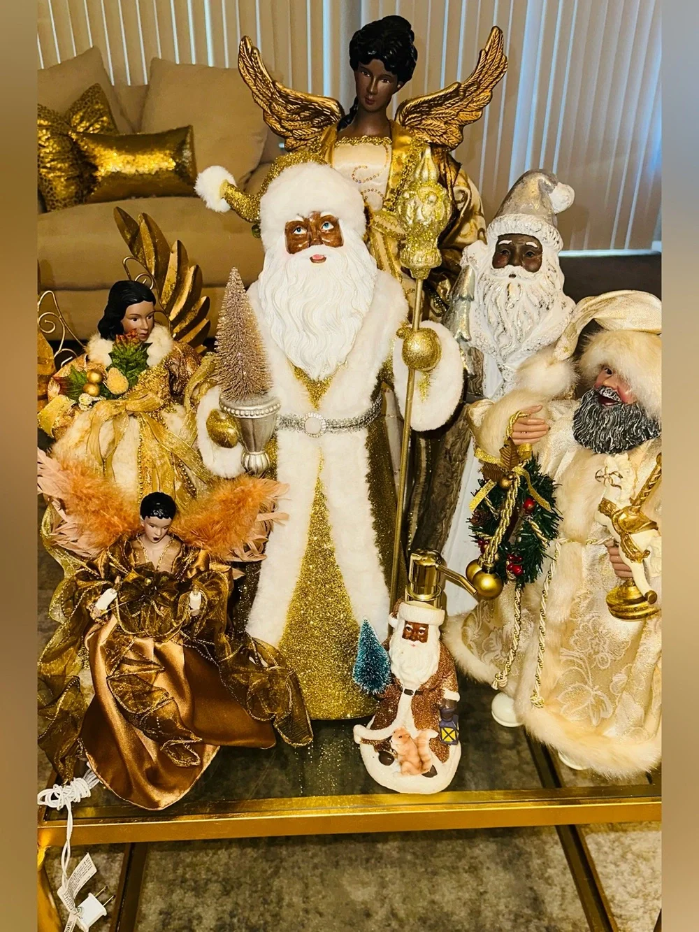 Holiday African American Santa Figurine in Cream and Gold